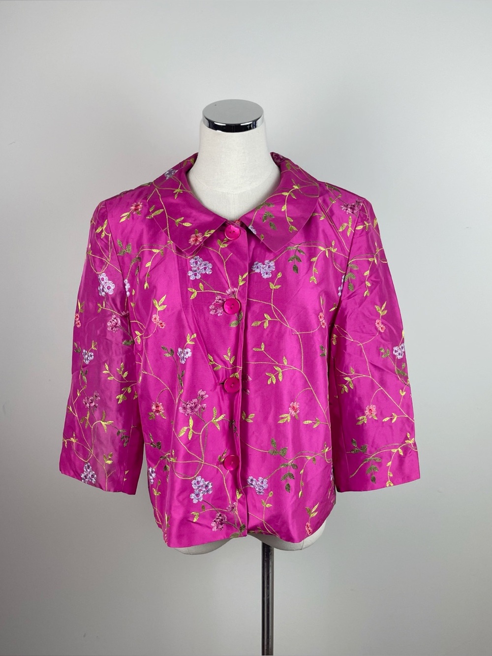 Talbots Vintage Pink Yellow Green Embroidered Floral Silk Collared Jacket Women